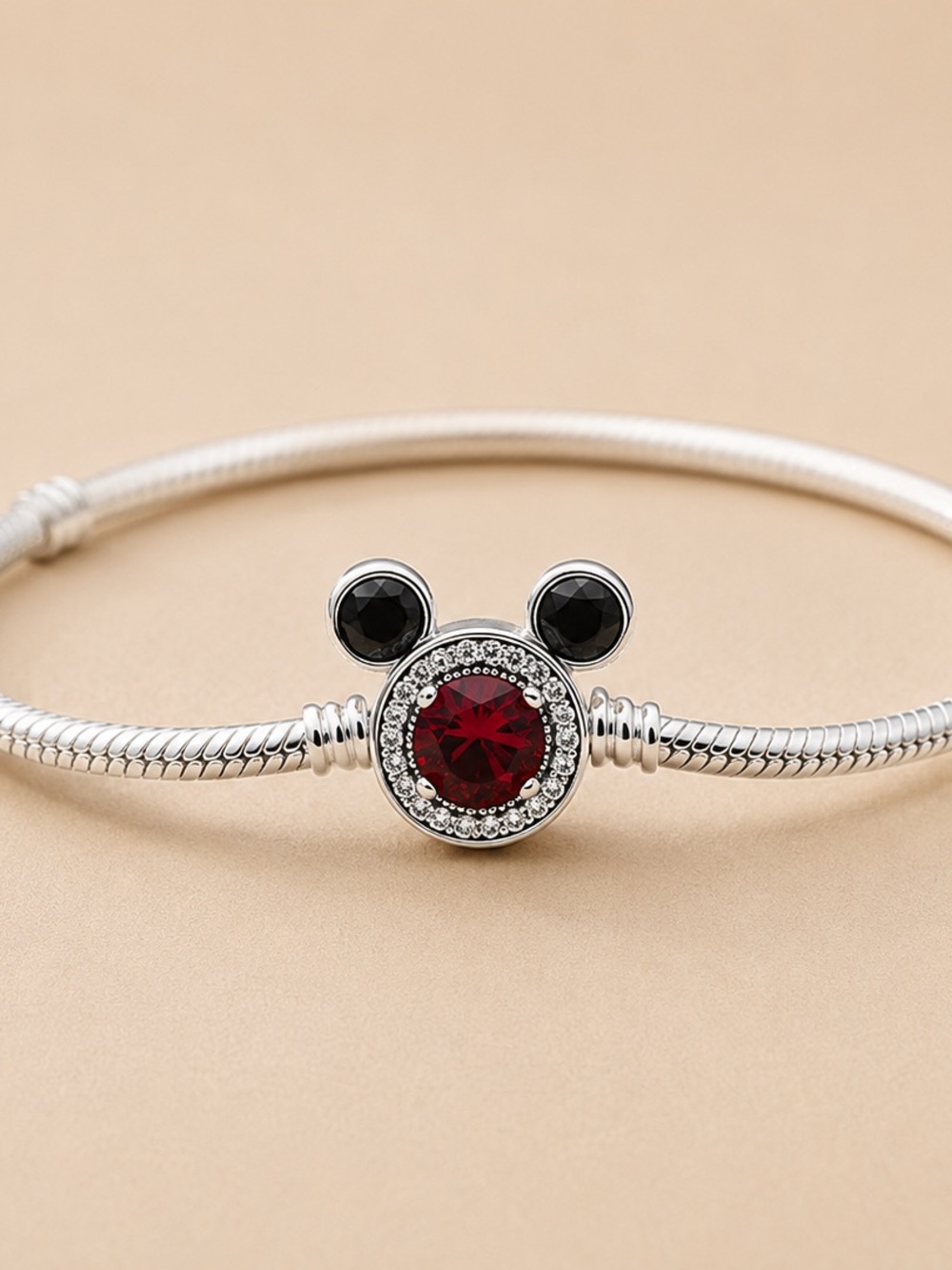 Silver Charm Bracelet with Red and Black Crystal Accent